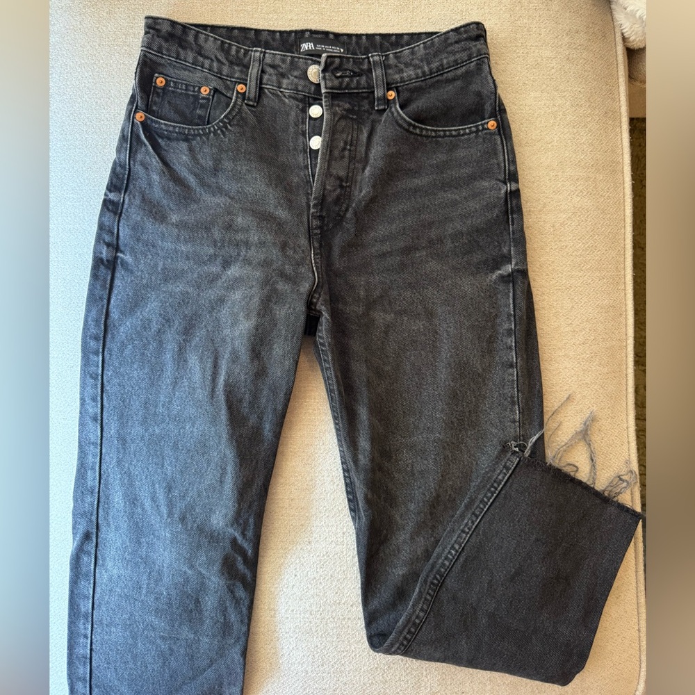 ZARA Washed Black High-Rise Straight Jeans with Button Fly